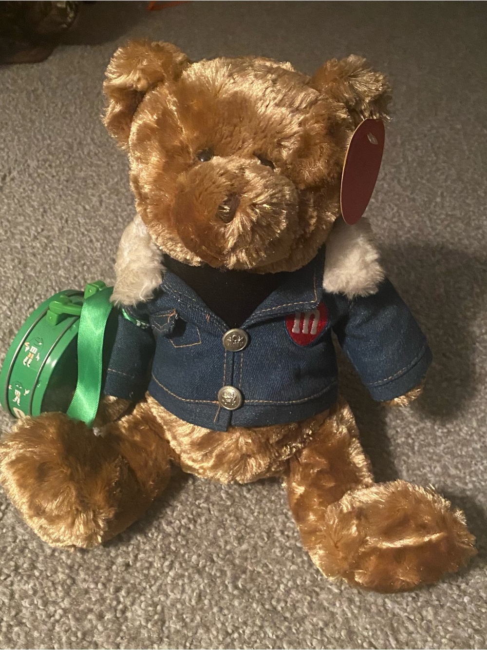 Vintage 2003 M&M Plush Teddy Bear W/Blue Denim Jacket. Approximately 11”. NWT.